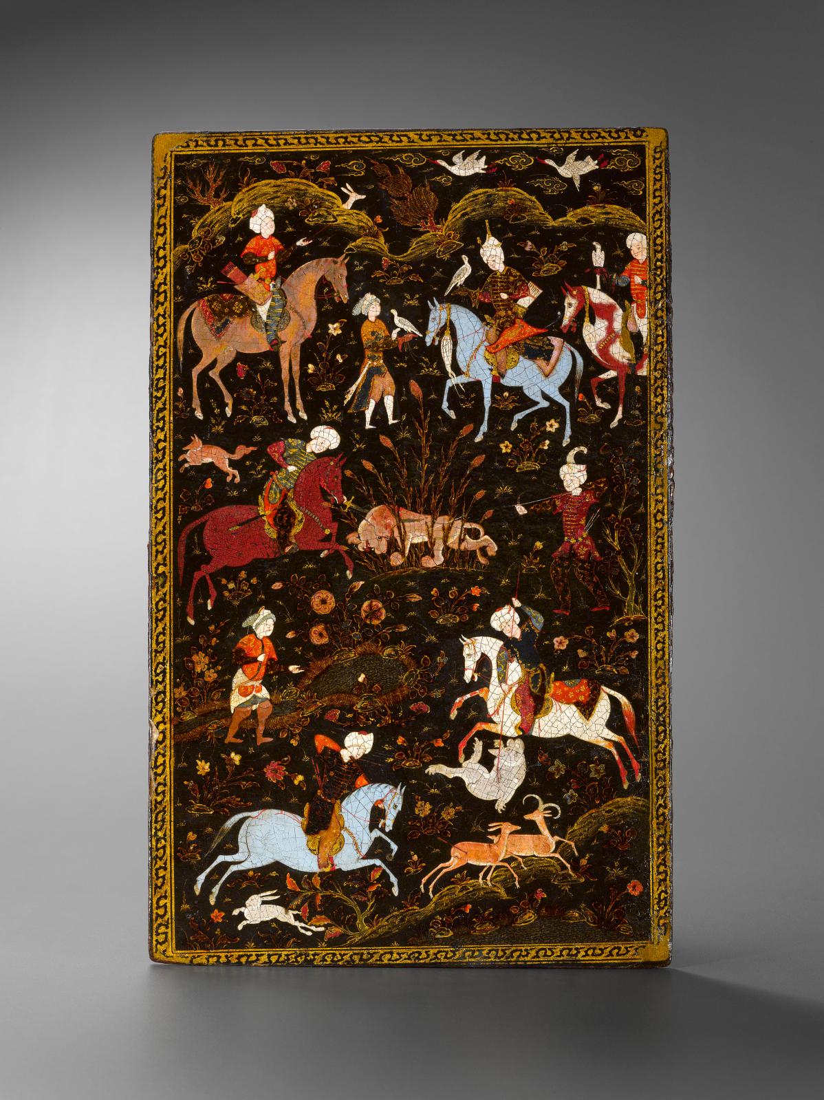 Attribué à Mohammed Soltan, Iran, vers 1560-1588, Délassement princier dans la nature, plat de reliure isolé, peinture sur papier mâché, c