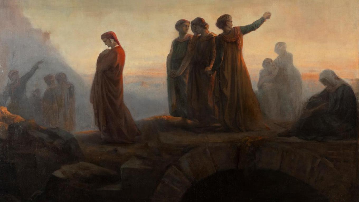 Attribué à Gustave Doré (1832-1883), Dante accompagné de personnages, huile sur toile,... La fabrique de Dante à la fondation Bodmer