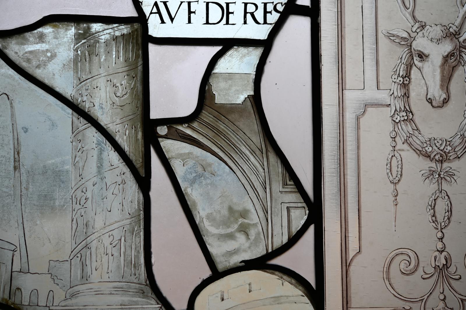 Section d’un arc, fragment du vitrail d’Hippolyte accusé par Phèdre auprès de Thésée, Anet, bibliothèque du château. © Dominique Cordellie