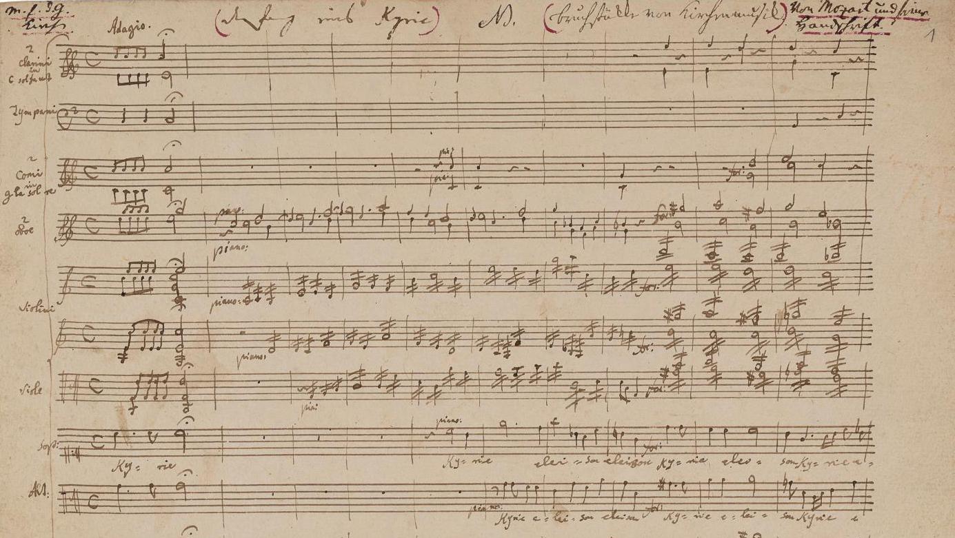 Wolfgang Amadeus Mozart (1756–1791), autograph manuscript of a Kyrie in C composed... Music by Mozart and Gounod from the Aristophil Collection