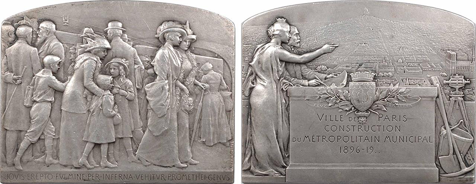 780 € F. Vernon, Ville de Paris. Construction du métropolitain municipal. 1896-19.., 1912, Paris, plaque en argent 7 cm, 261,07 g, dans sa