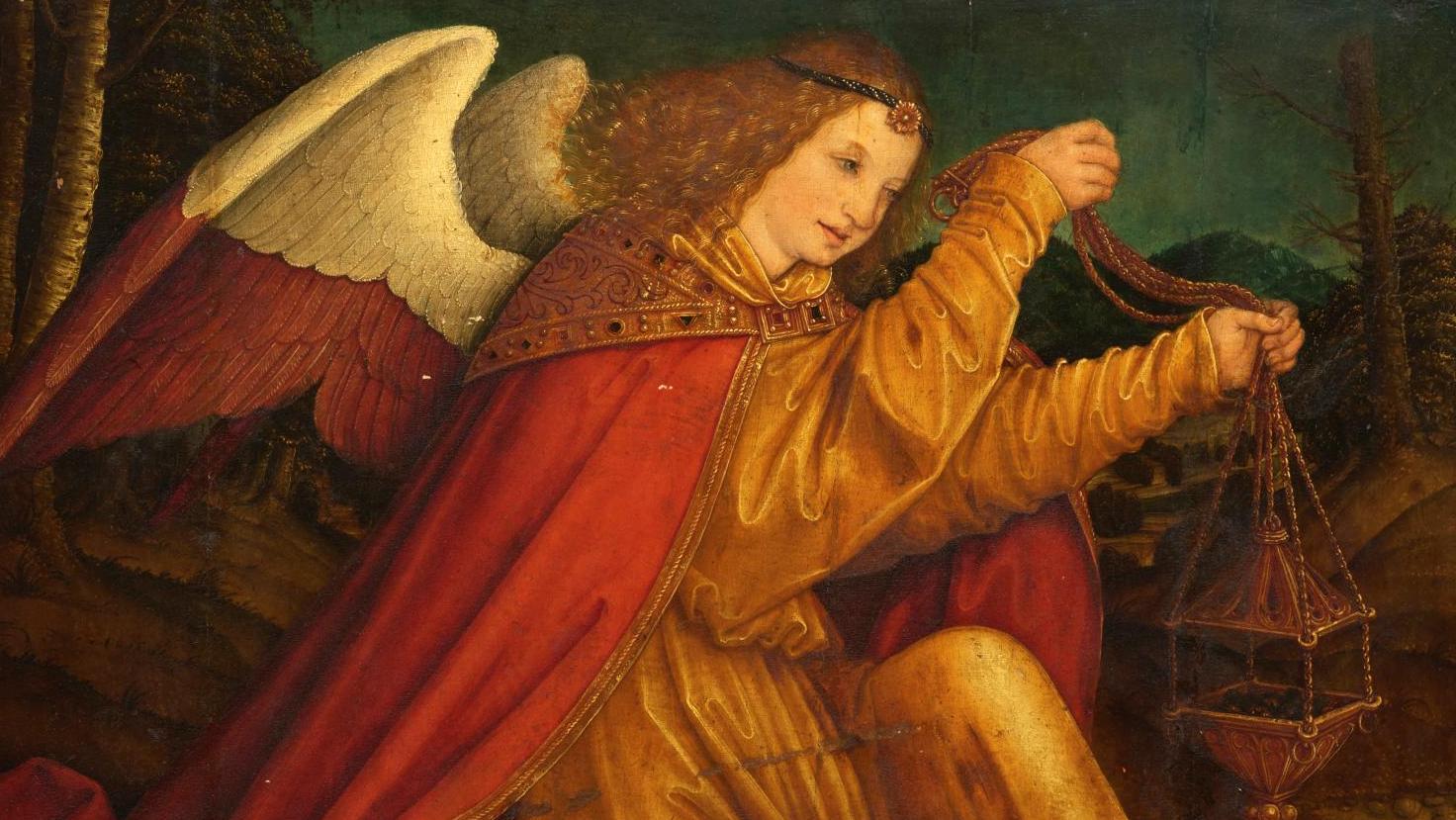 Bernhard Strigel (1460-1528), Ange vêtu d’une tunique jaune tenant un encensoir,... Une offrande de Noël de Bernhard Strigel
