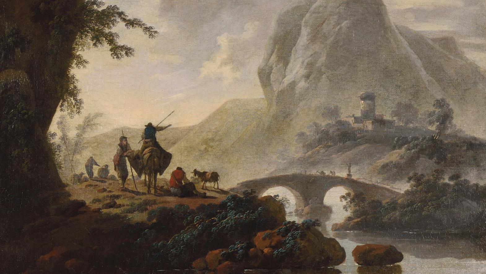 Jean Pillement (1728-1808), Paysage au pont sur la rivière traversant une vallée... Pillement, paysagiste préromantique