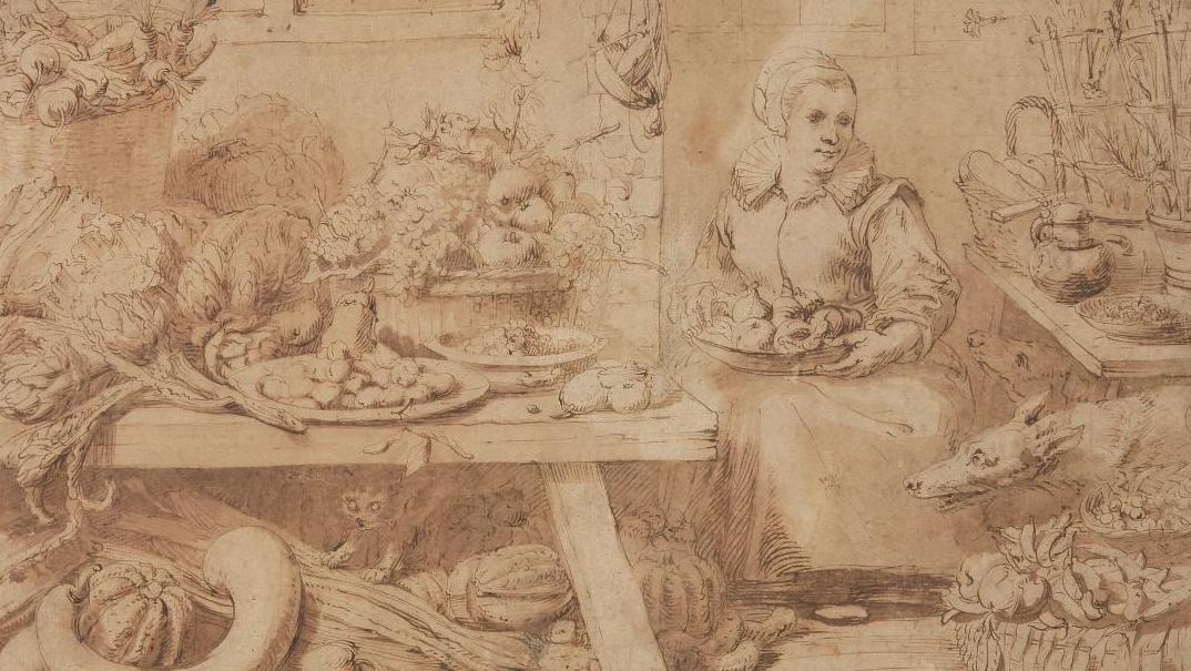 Franz Snyders (1579-1657), Nature morte avec femme portant un plat, plume et encre... Les dessins de la collection Jacques et Colette Ulmann