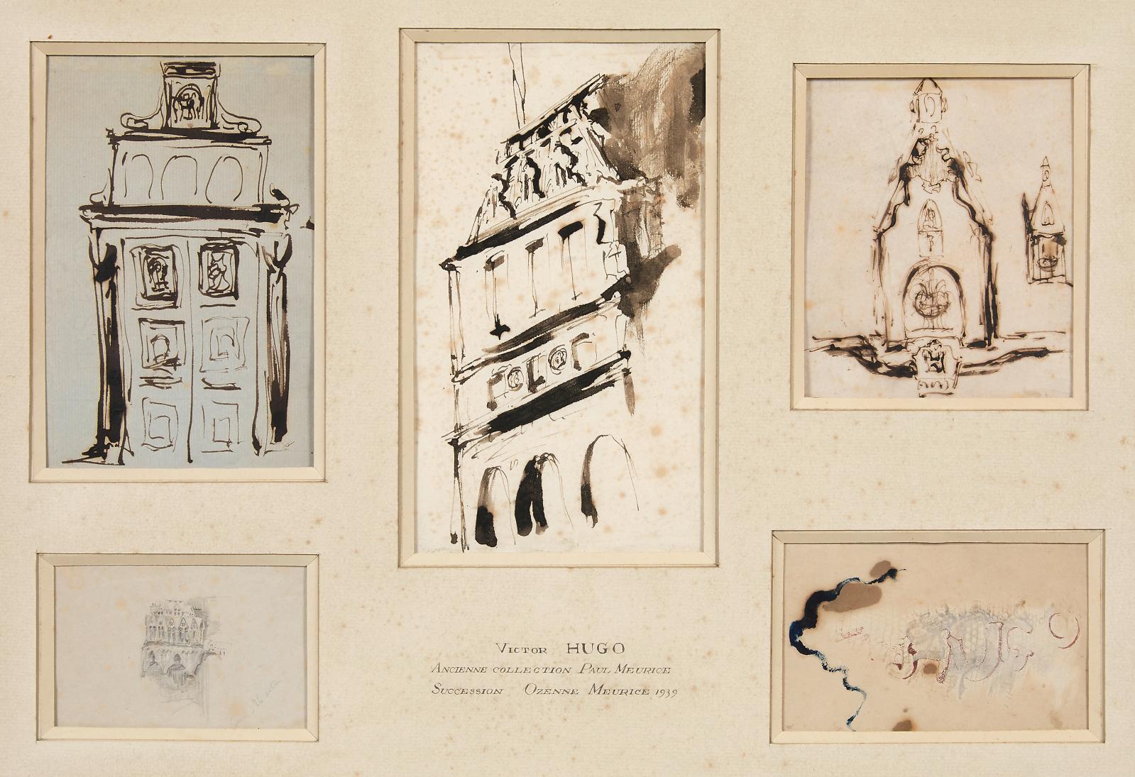 Victor Hugo (1802-1885), ensemble de cinq dessins dans un montage, à la plume, l’encre brune, le crayon noir, l’aquarelle, Porte du salon 