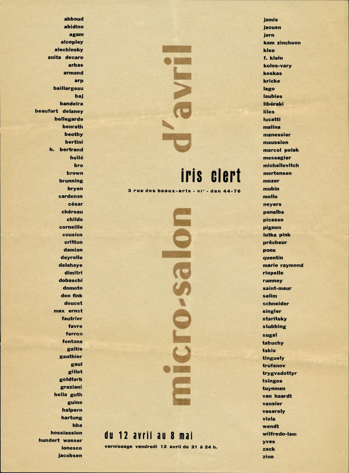 Carton d’invitation pour le micro-salon d’avril, galerie Iris Clert, Paris, avril 1957. © Bibliothèque Kandinsky, Paris, Fonds Iris Clert