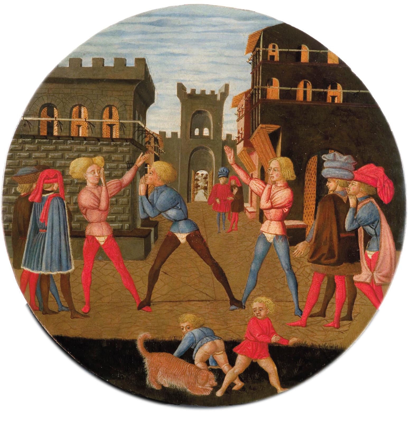 Lo Scheggia, Plateau d’accouchée représentant le jeu du civettino, Florence, vers 1450, tempera sur bois de peuplier. © Musée du Bargello-