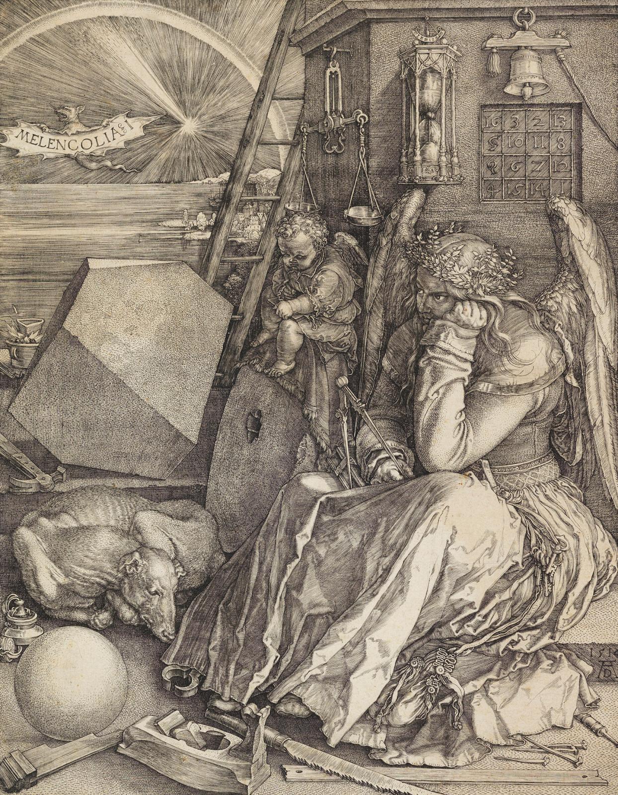 Albrecht Dürer, Melancholia I, 1514, engraving, 24.4 × 19 cm/9.6 x 7.4 in.Image courtesy of the National Gallery London, The Syndics of th