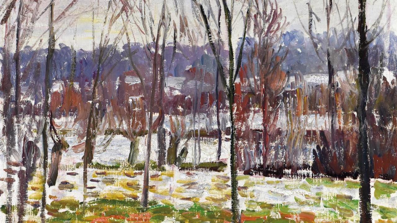 Camille Pissarro (1830-1903), Peupliers en hiver, effet de neige, Éragny, vers 1895,... Temps d’hiver sur Éragny selon Camille Pissarro