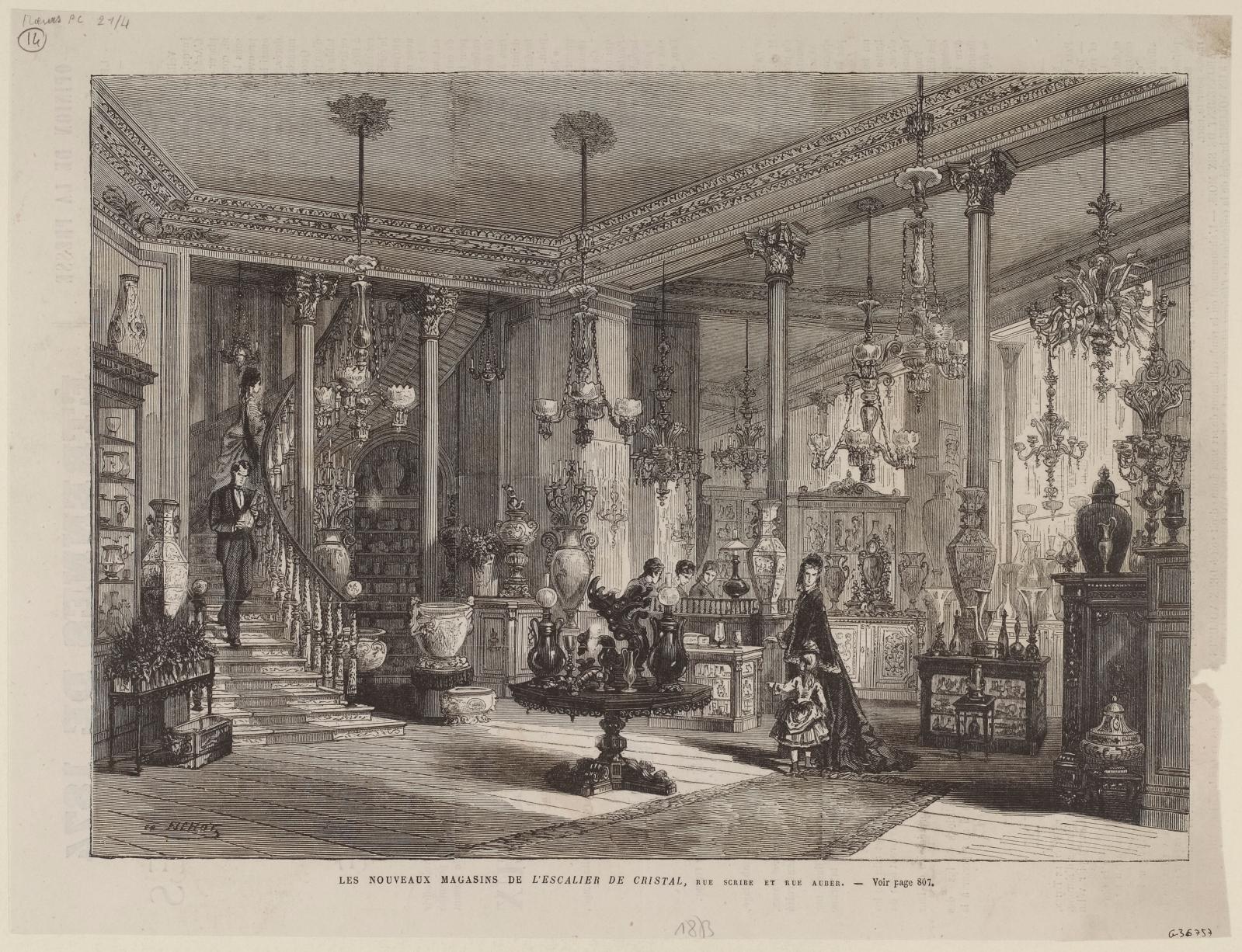 Michel Charles Fichot (1817-1903), Les Nouveaux Magasins de l’Escalier de cristal, rue Scribe et rue Auber, paru dans L’Illustration en 18