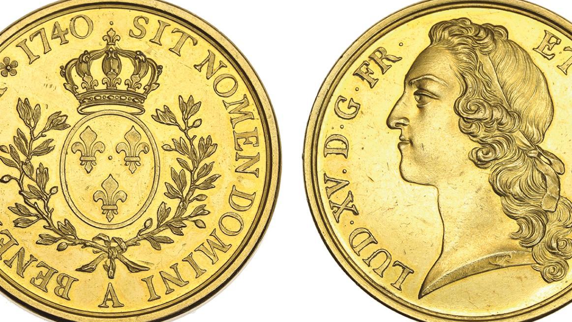 Louis XV (1715-1774). Essai sur flan or de l’écu au bandeau, 1740, Paris, h. 57 cm.... Trésors numismatiques de la collection du docteur F.