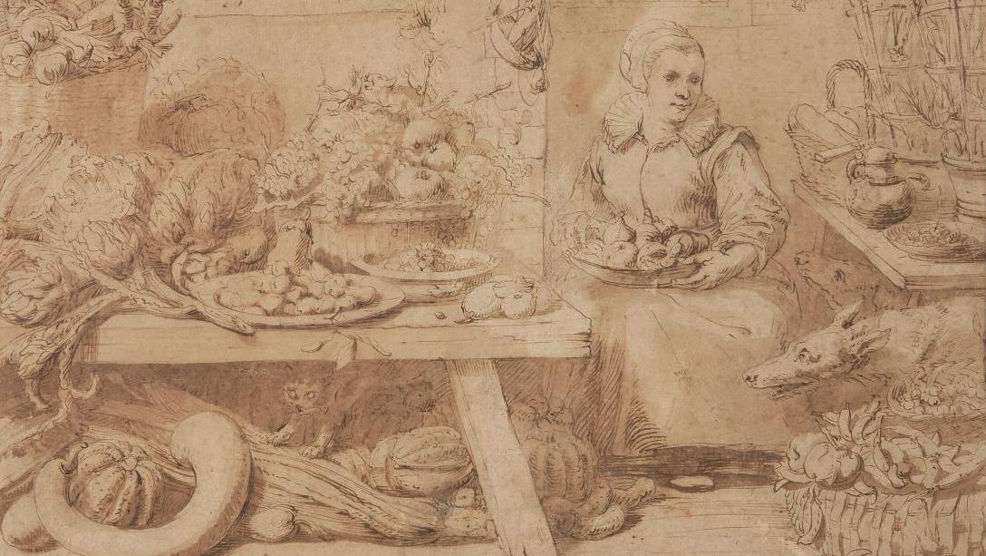 Franz Snyders (1579-1657), Still Life with Woman Carrying a Dish, pen and brown ink... The Drawings in the Jacques and Colette Ulmann Collection
