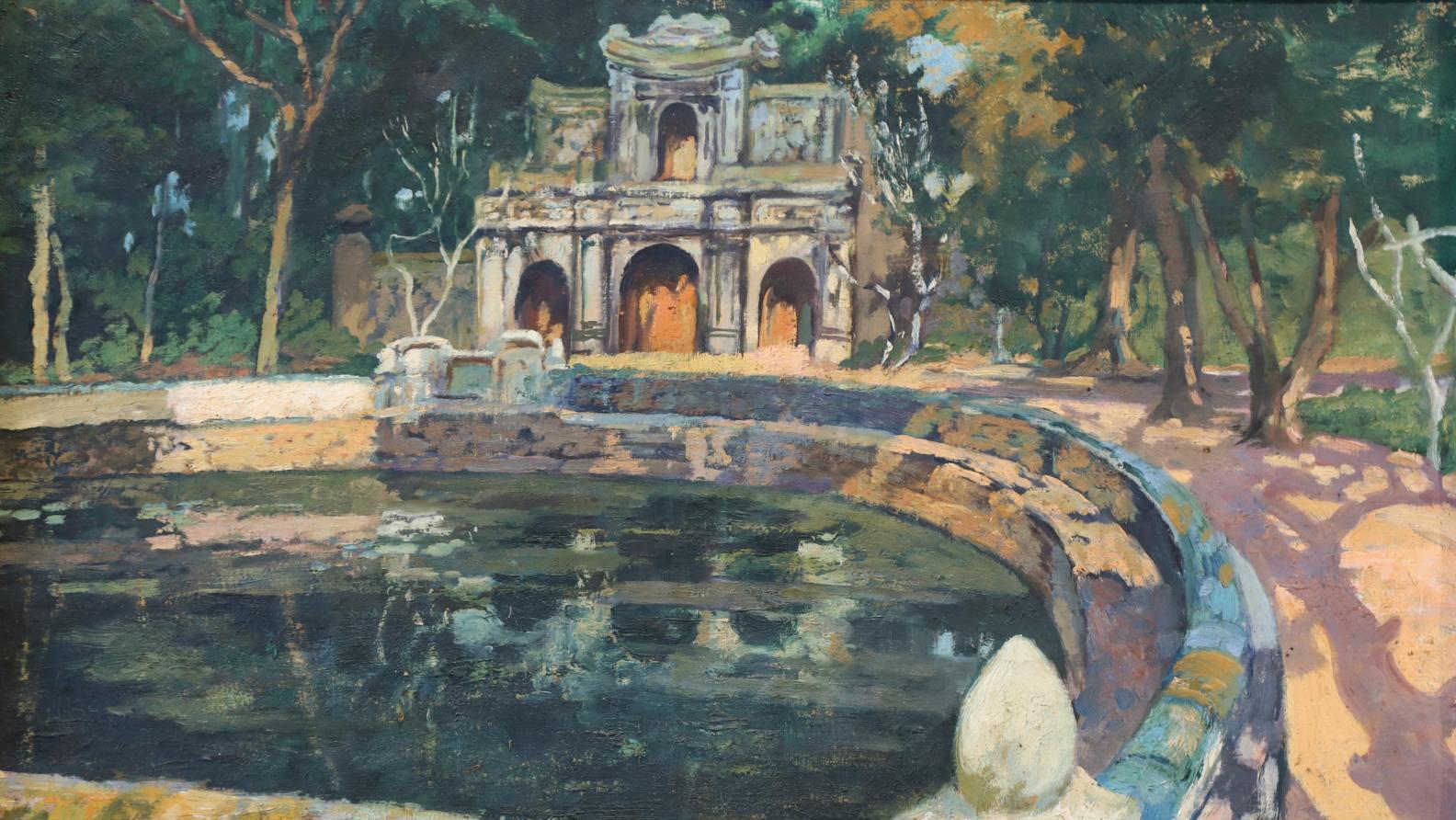 Henri Dabadie (1867-1949), Bassin aux abords d’un temple, huile sur toile signée,... Visions lointaines, de l’Indochine à Copenhague