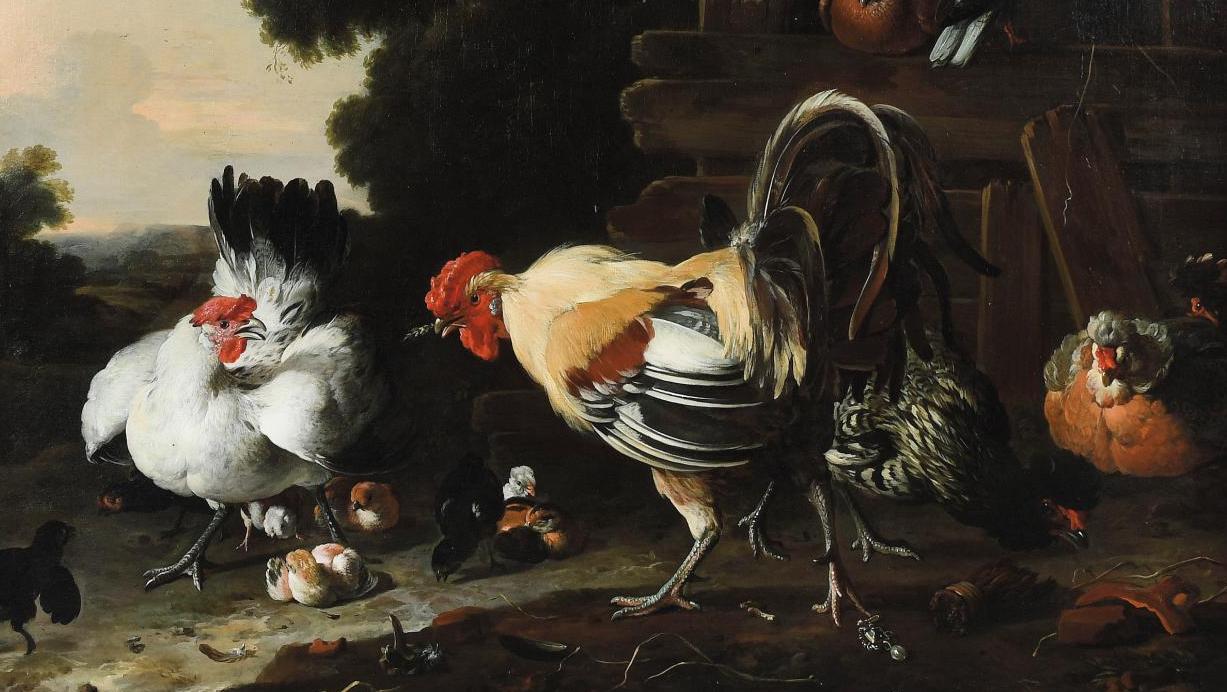 Melchior de Hondecoter (1636-1695), Oiseaux de basse-cour dans un paysage, huile... Querelles de basse-cour par Hondecoter