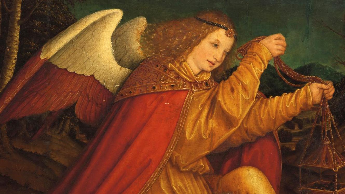 Bernhard Strigel (1460-1528), Ange vêtu d’une tunique jaune tenant un encensoir,... L’Ange envolé de Bernhard Strigel…