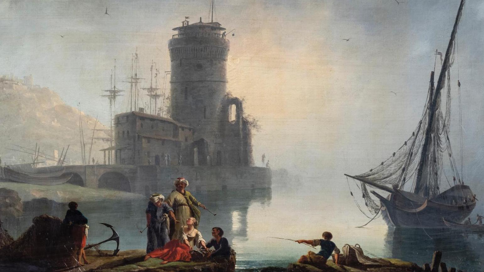 Charles-François Lacroix de Marseille (vers 1700-apr. 1784), Paysage portuaire avec... Deux Orientaux dans un port de Méditerranée