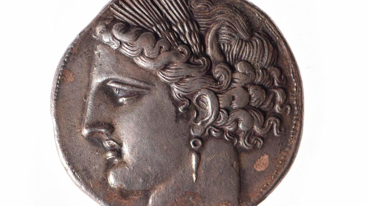 Siculo-punic coinage. Silver decadrachm (c. 260 B.C.E), 38.16 g. Head of Persephone... When a Coin from Carthage Depicts Persephone