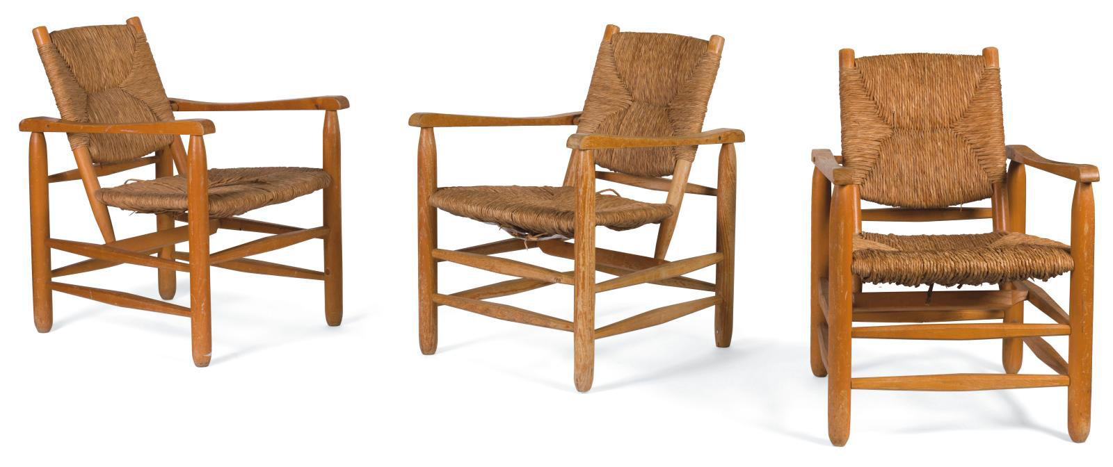 Charlotte Perriand (1903-1999) designer & Sentou éditeur, Chamrousse, based on Fauteuil n°21, suite of three ash and straw chairs, 78 x 55