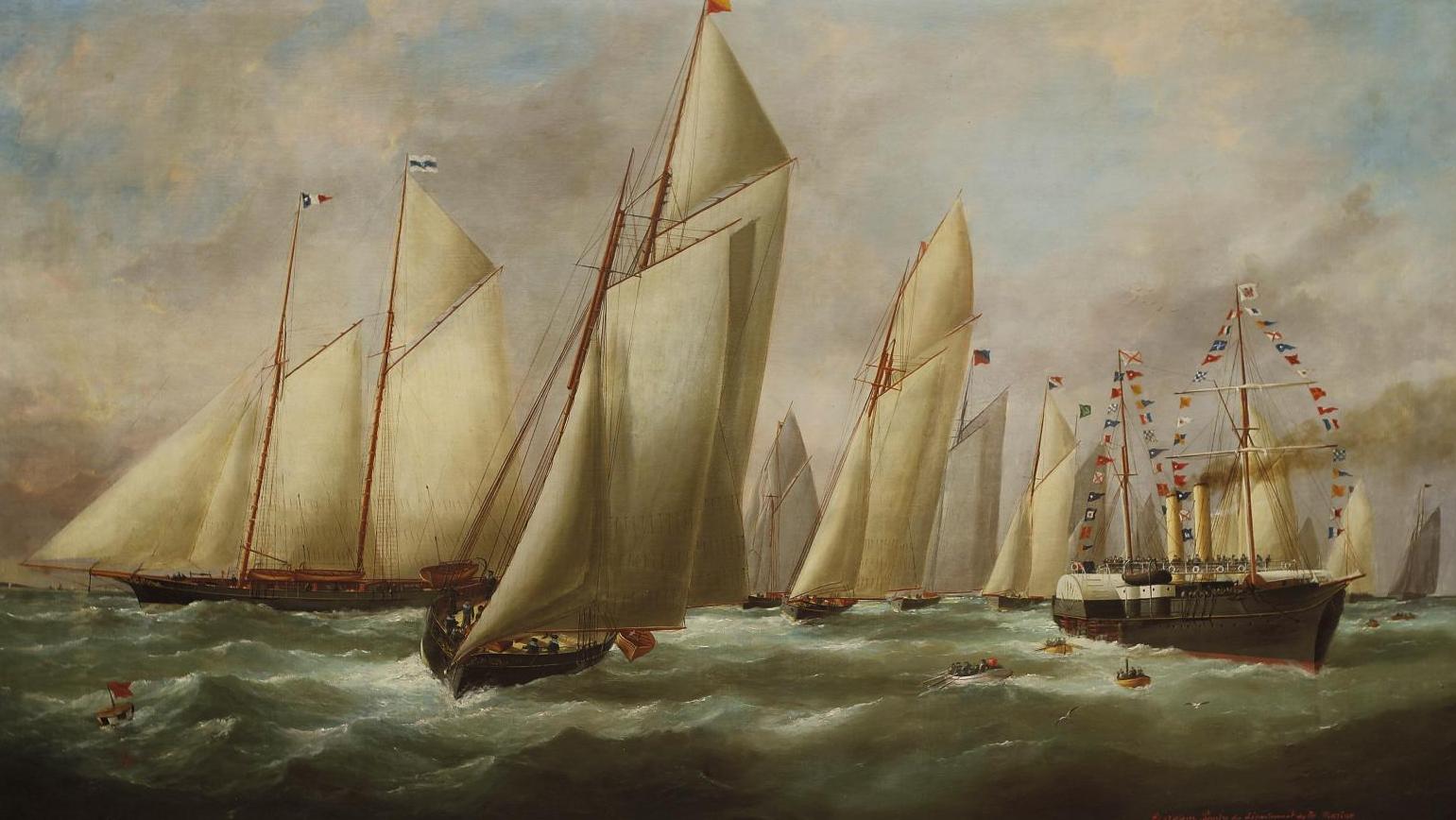 Édouard Adam (1847-1929), Départ de régate au passage du bateau comité. Goélettes... Le Vélox, un yacht de légende