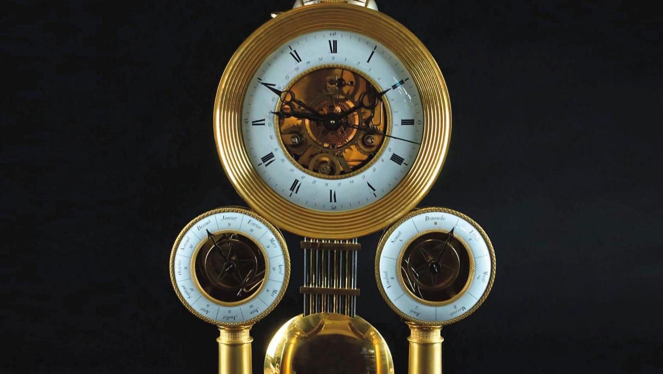 Travail du début du XIXe siècle. Pendule squelette à complications, bronze doré au... Le tic-tac d’une collection prestigieuse