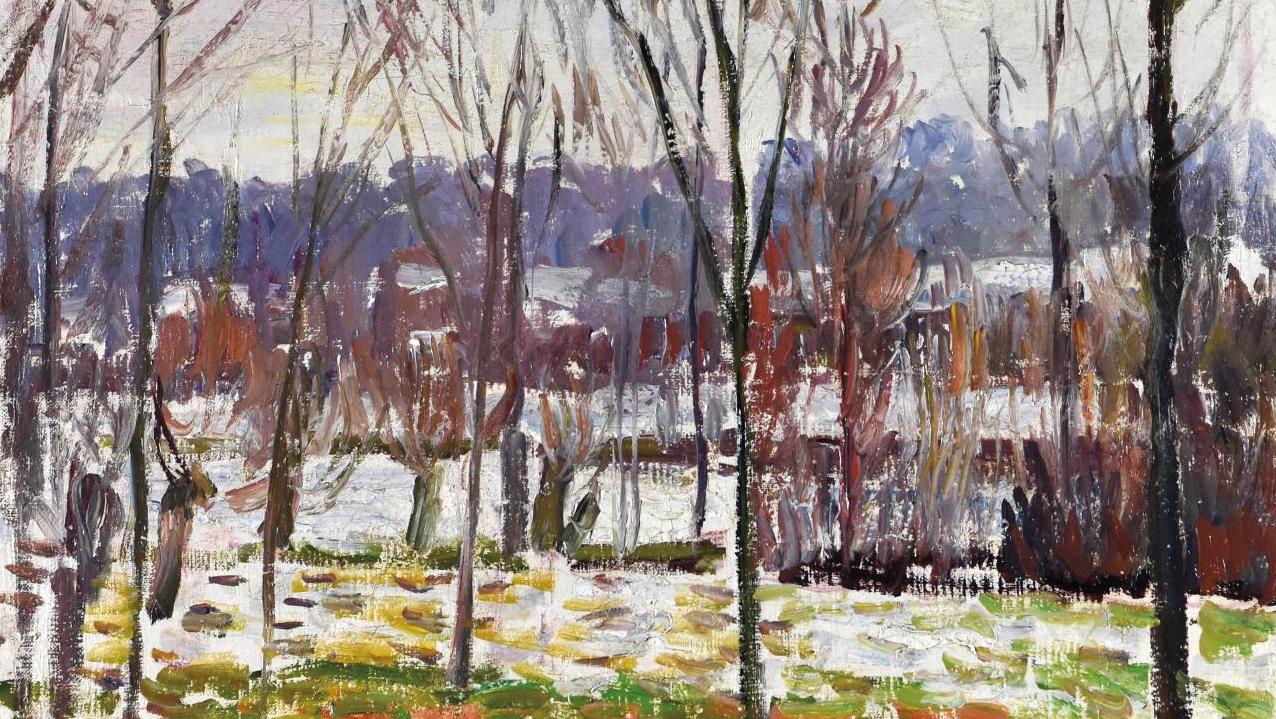 Camille Pissarro (1830-1903), Peupliers en hiver, effet de neige, Éragny, vers 1895,... Pissarro sur ses terres de l’Oise
