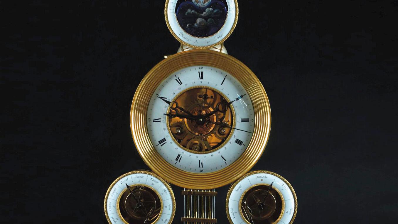 Early 19th century work. Skeleton clock with complications, mercury-based gilt bronze,... The Timely Appearance of an Outstanding Collection 
