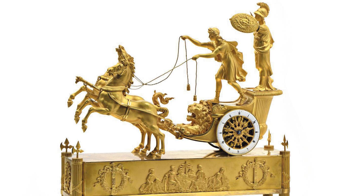 Époque Empire. Pendule dite au «char de Télémaque» en bronze ciselé et doré, cadran... À l’heure des valeurs guerrières 