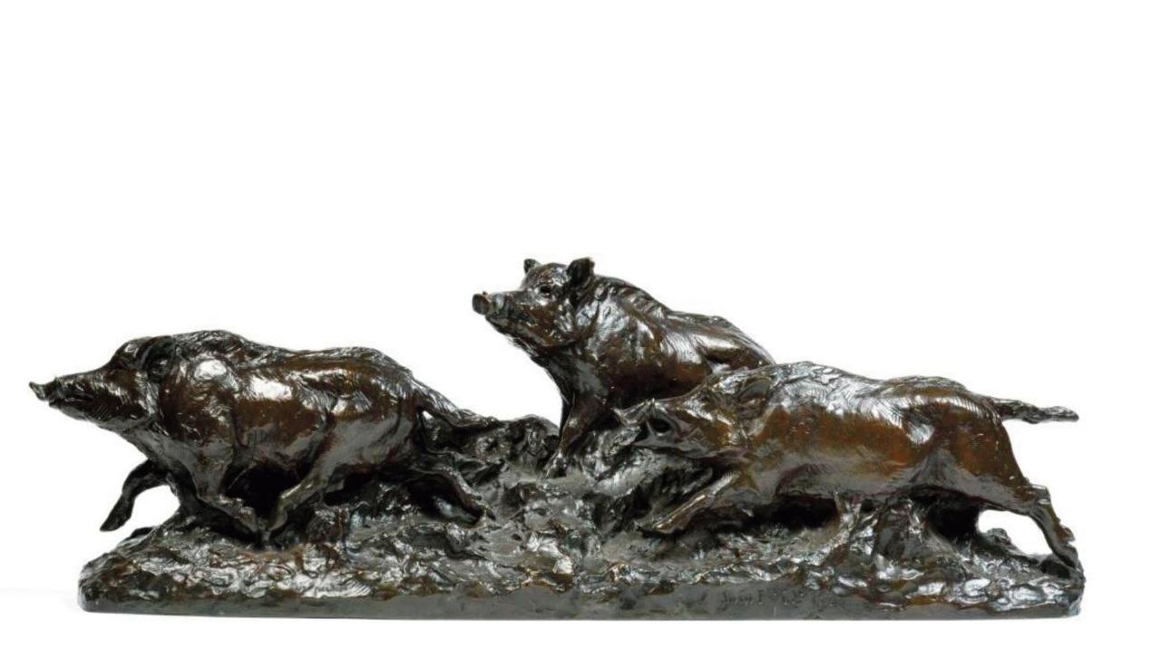 Maximilien Fiot (1886-1953), Compagnie de trois sangliers, bronze à patine brune,... La harde sauvage