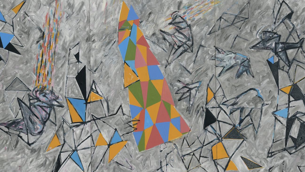 Tomasz Ciecierski (né en 1945), Tower Wieza, 1984, triptyque, huile sur toile, signée... Tomasz Ciecierski, ténor de la peinture polonaise contemporaine