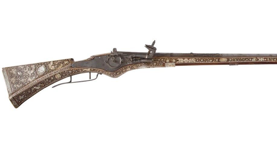 Inde ?, vers 1600. Arquebuse de chasse à rouet, calibre 19 mm, long canon rond des... Une arme comme objet d’art