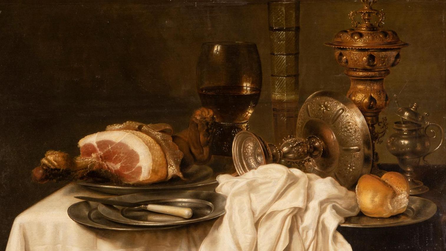 Willem Claesz Heda (1594/1595-1680), Nature morte au jambon, verre de bière et pièces... De Willem Claesz Heda à Louis Hersent