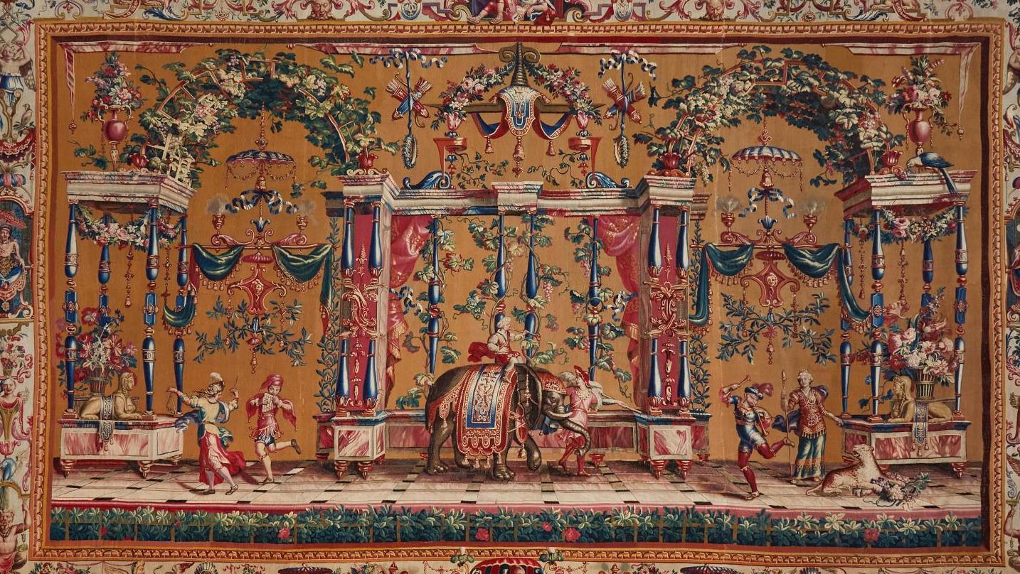 Louis XIV period, late 17th or early 18th century. Tapestry of the Manufacture de... A Woven Elephant Tapestry Tamed by the French Royal Manufacture of Beauvais