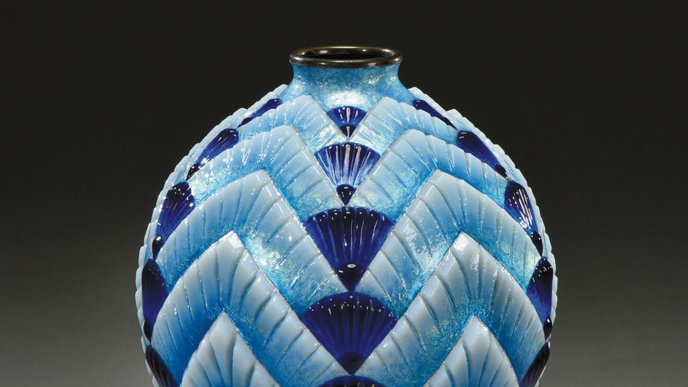Camille Fauré (1874-1956). Fans and chevrons, spherical vase with a small annular... Camille Fauré: Enameller and Businessman