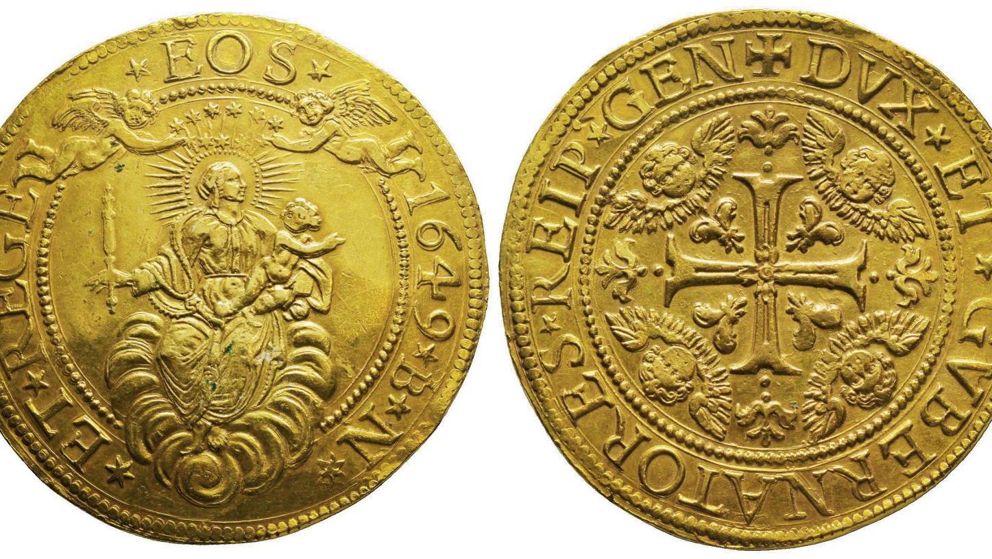 Italie, Gênes (1528-1797). Douze et demi doppie à la Madone, 1649 (83,28 g). Presque... Une collection de monnaies sauvée de l’oubli