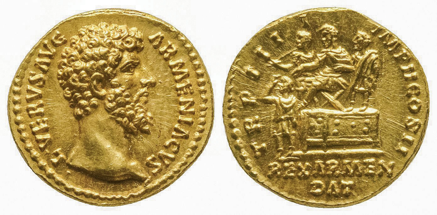 Rome, 163-164 apr. J.-C. Aureus au buste nu de l’empereur Lucius Verus, 7,29 g. Estimation : 10 000 €