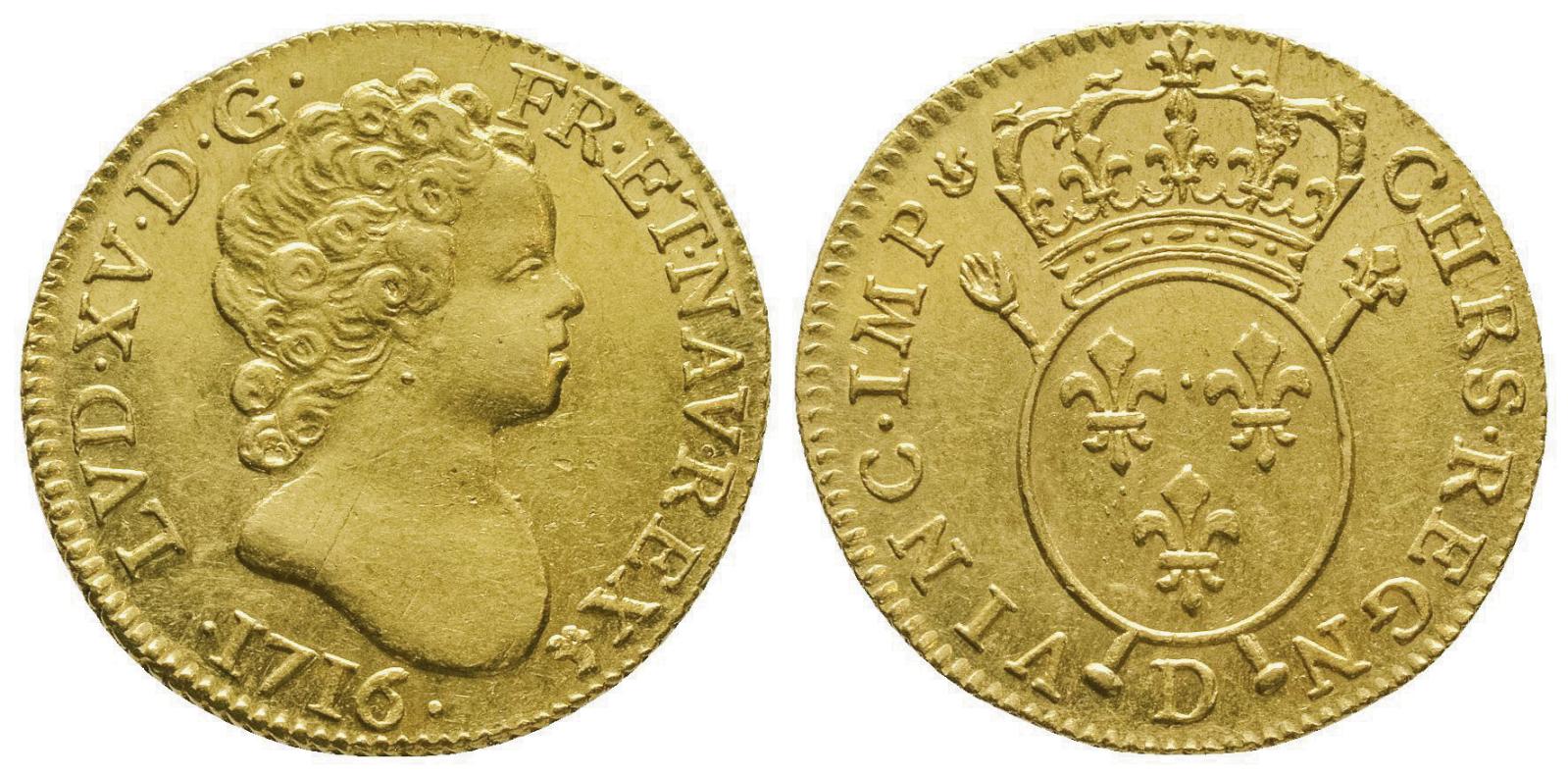 Lyon, 1716. Louis d’or aux insignes du 1er type (date sous le buste) à l’effigie de Louis XV, 8,11 g. Superbe. Estimation : 15 000 €