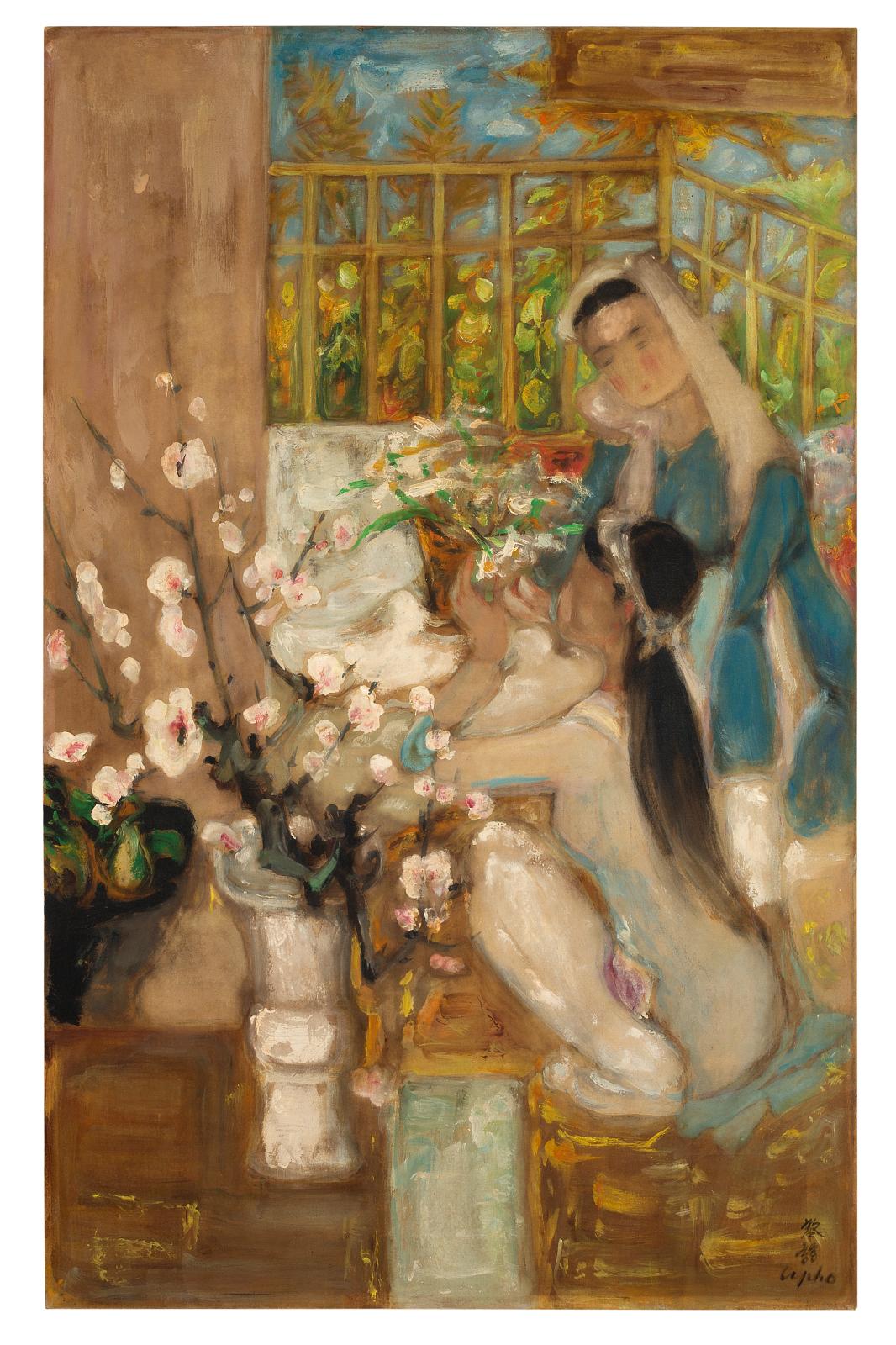 Lé Phô (1907-2001), Jeunes filles aux fleurs de pêcher, huile, encre et gouache sur soie, 71 x 44,5 cm (détail). Estimation : 60 000/80 00