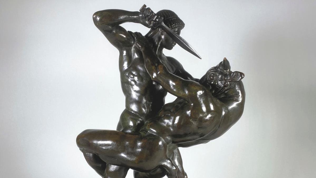 Antoine-Louis Barye (1795-1875), Thésée combattant le Minotaure, épreuve en bronze... Antoine-Louis Barye modernise l’Antiquité