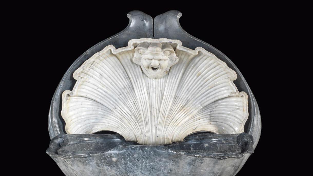 Italy, Baroque period, 17th century. A pair of shell-shaped wall fountains in gray... Great Décor of 17th and 18th Centuries Captivates Bidders