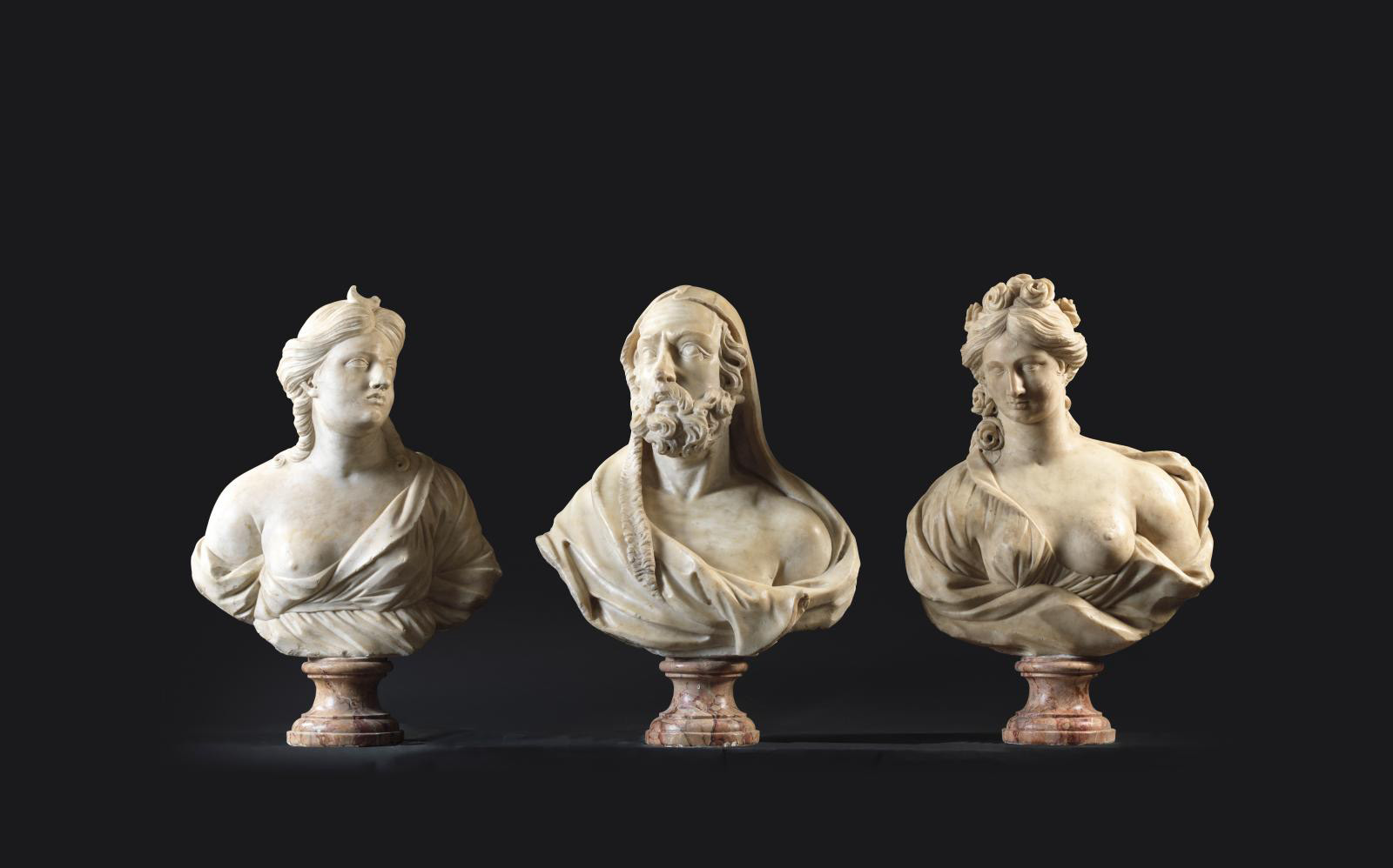 Circle of Giusto Le Court, aka Josse Le Corte (1627-1679), a series of twelve allegorical busts in white marble (three reproduced), Venice