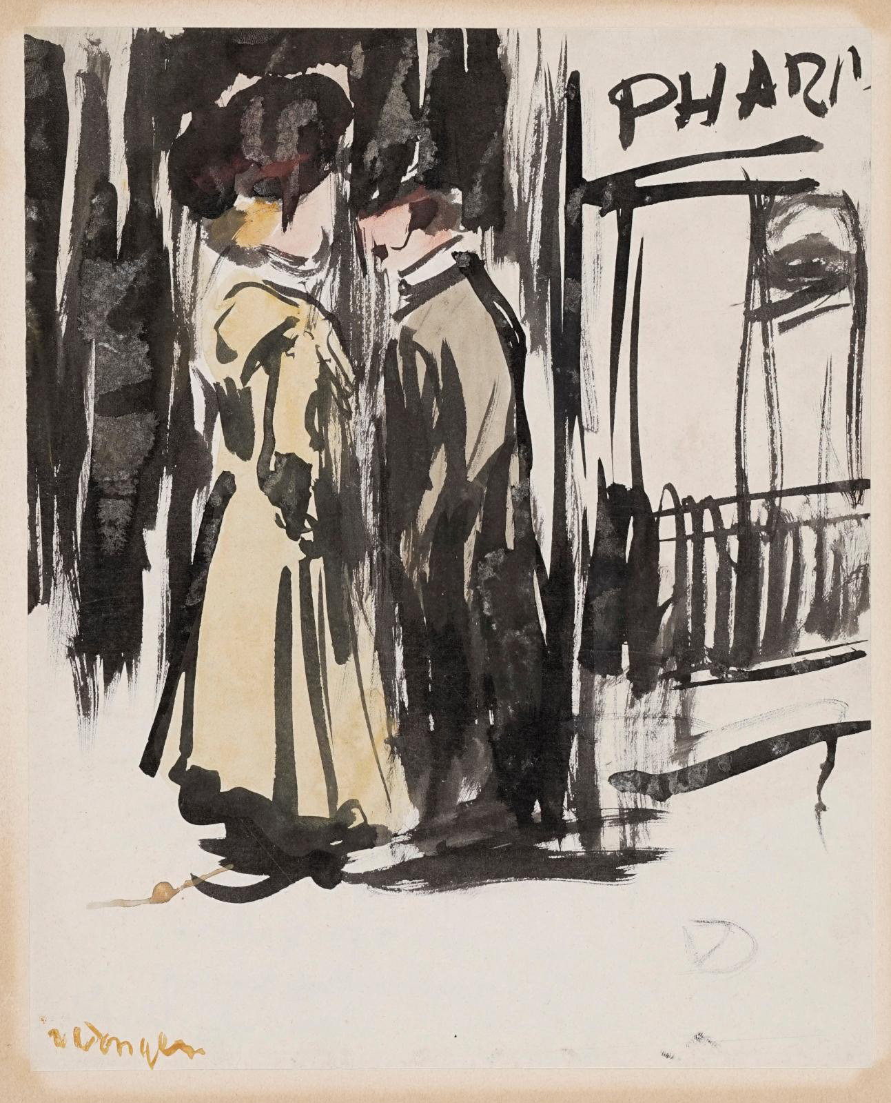 Kees Van Dongen (1877-1968), Conversation dans la rue (Conversation in the street), c. 1900, watercolor and black ink wash, 27 x 21.5 cm/1