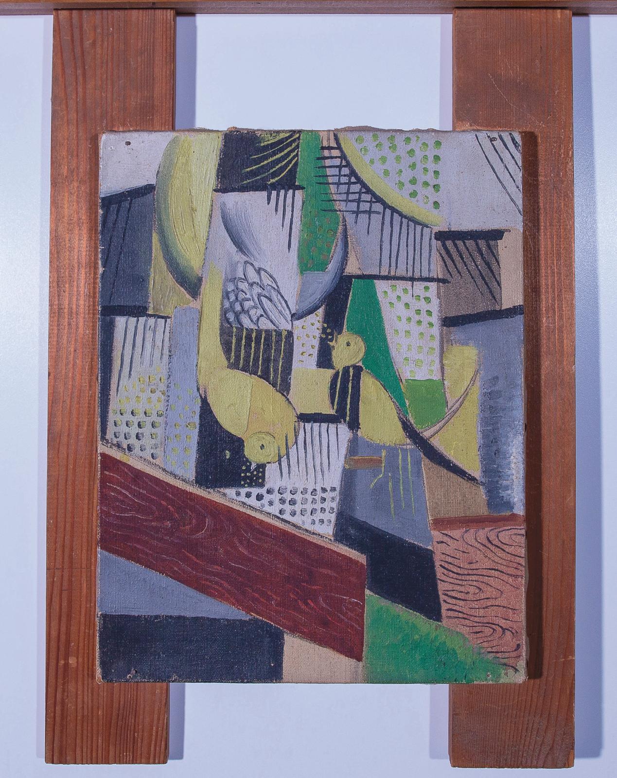 Ángel Zárraga (1886-1946), Composition cubiste à l’oiseau, huile sur toile, cadre attribué à Pierre Legrain constitué de deux planches en 