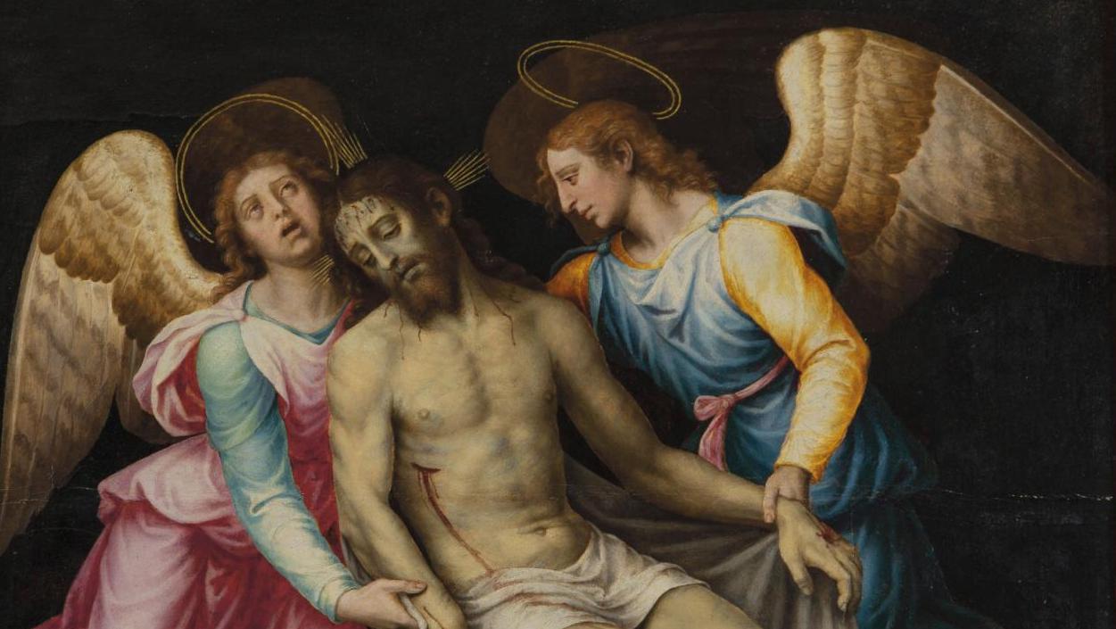 Juan de Juanes (1507-1579), Le Christ soutenu par des anges, huile sur panneau, 54 x 58,5 cm.... Juan de Juanes, le second Raphaël