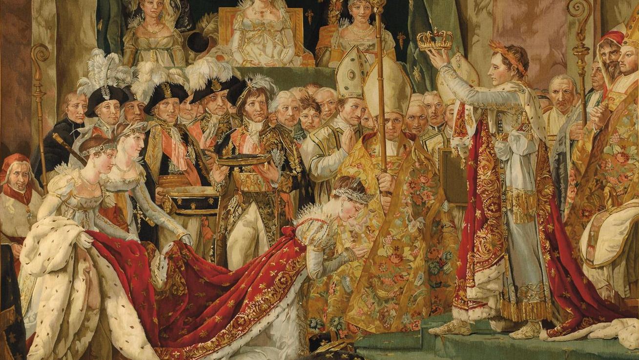 XIXe siècle, tapisserie représentant Le Sacre de l’empereur Napoléon Ier et le couronnement... Napoléon Bonaparte : le sacre de l’Empire