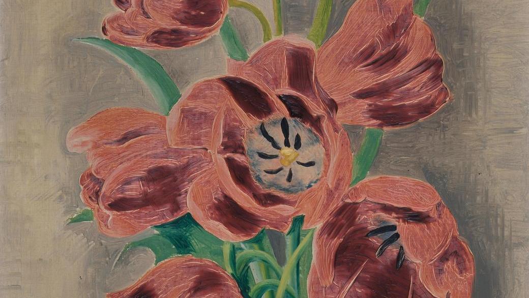 Moïse Kisling (1891-1953), Tulipes sur fond nacré, vers 1928, huile sur toile signée,... Un bouquet de fleurs de Moïse Kisling