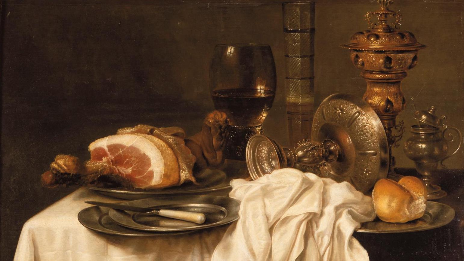 Willem Claesz Heda (1594/1595-1680), Nature morte au jambon, verre de bière et pièces... La peinture d'Heda à Hersent