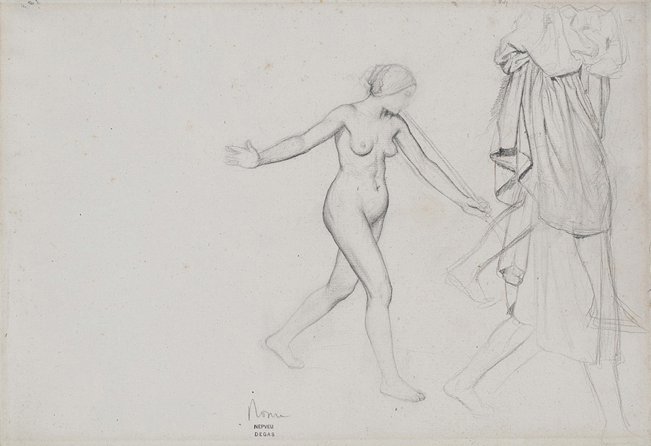Edgar Degas, Étude de jeune femme nue jouant de la trompe et deux études du corps drapé, pour saint Jean-Baptiste et l’ange, 1857, crayon 