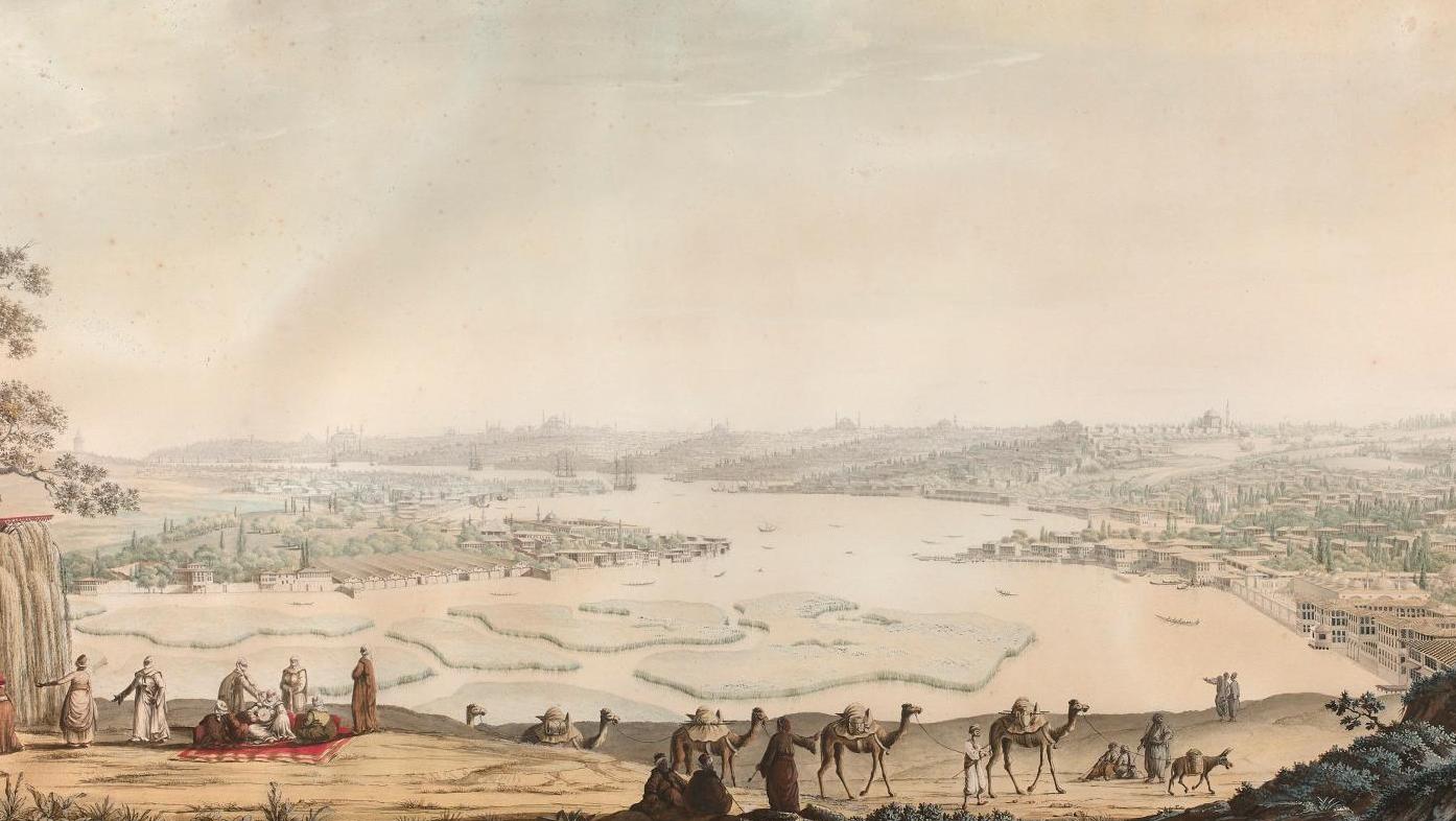 Antoine-Ignace Melling (1763-1831), Vue du port de Constantinople, prise des hauteurs... Panorama sur Constantinople par Melling