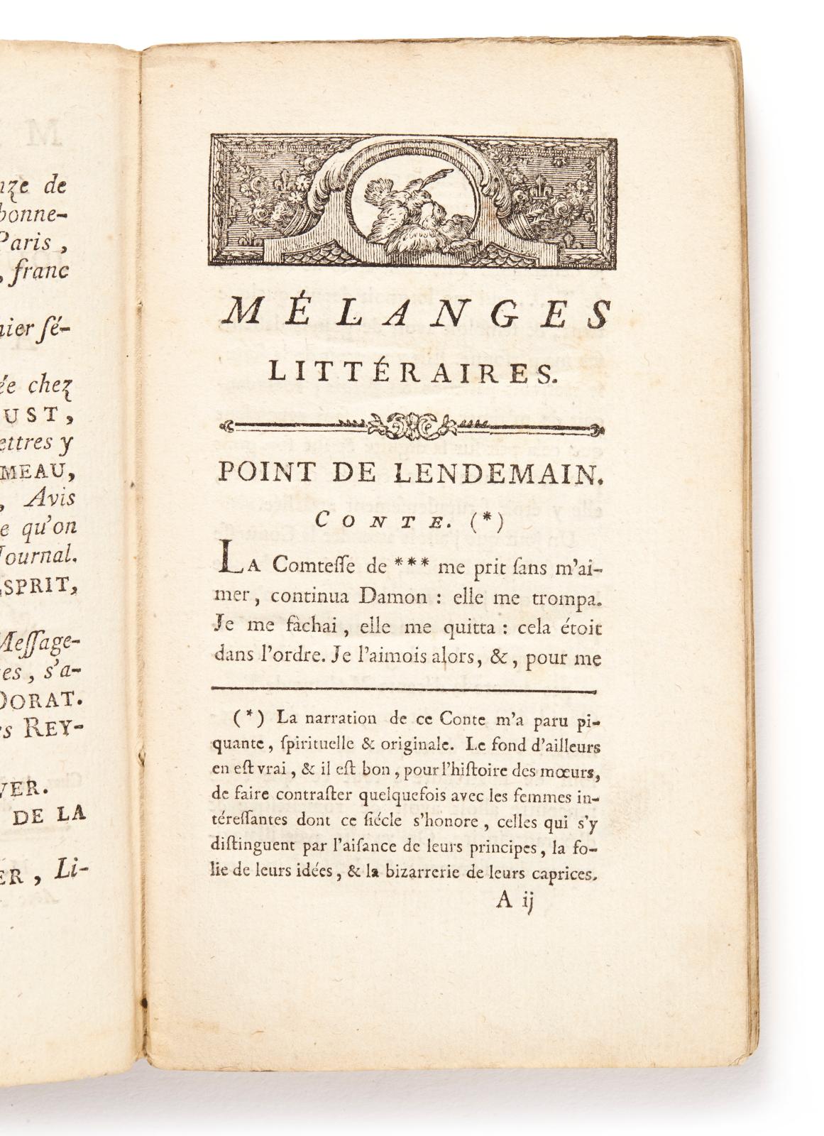 Dominique Vivant Denon (1747-1825), Point de lendemain, conte in Mélanges littéraires ou Journal des dames dédié à la reine, juin 1777, tome II, par M