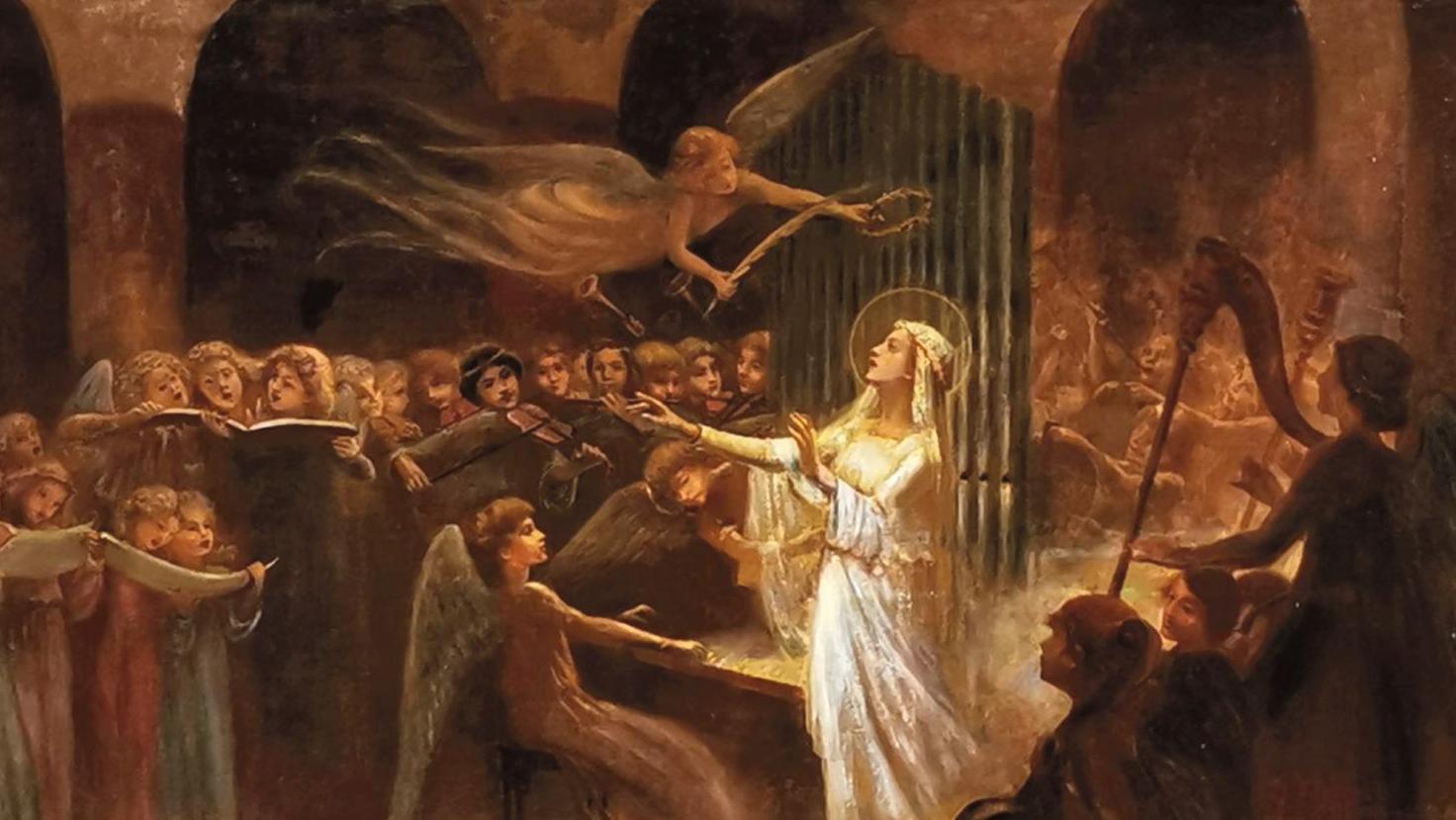 Édouard Paupion (1854-1912), Sainte Cécile et le concert des anges, huile sur toile... La dernière œuvre d’Édouard Paupion